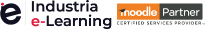 Logo combinado de 'Industria e-Learning' y 'Moodle Partner', donde 'Industria' aparece en negro con un ícono de engranaje que reemplaza la letra 'i', y 'e-Learning' en rojo, al lado del distintivo 'Moodle Partner' en naranja y negro que señala el estatus de proveedor de servicios certificado.